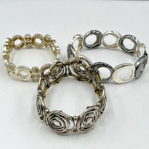 VTG Silver Tone Stretch Bracelet Set 3 Pc Geometric Rosette Rhinestone Stackable